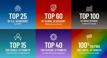 Top 25 by U.S. headcount, top 60 by global headcount,  top 100 by gross revenue, top 15 for female attorneys, top 40 for diverse attorneys, 100% rating for LGBTQ+ attorneys
